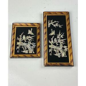 Vintage Wood Framed Mother Of Pearl Bird Artwork Set of 2 Made In Korea CR1686